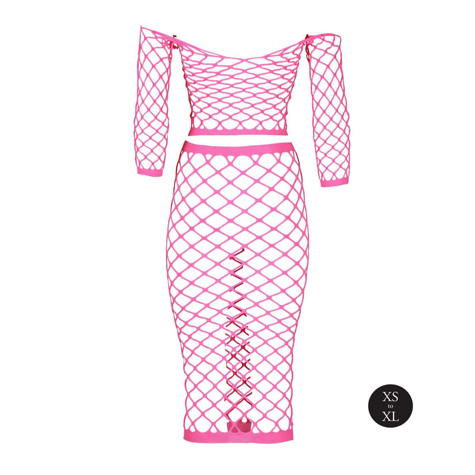 Set crop top cu mânecă lungă și fustă lungă tip plasă – compleu elegant XS-XL (one size), roz neon